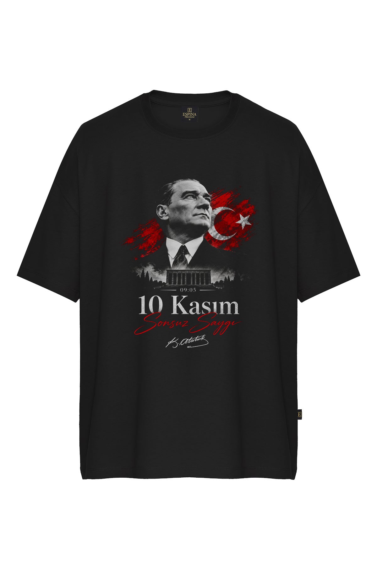 10 Kasım Atatürk Baskılı Siyah Oversize Tişört – Sonsuz Saygı, %100 Pamuk