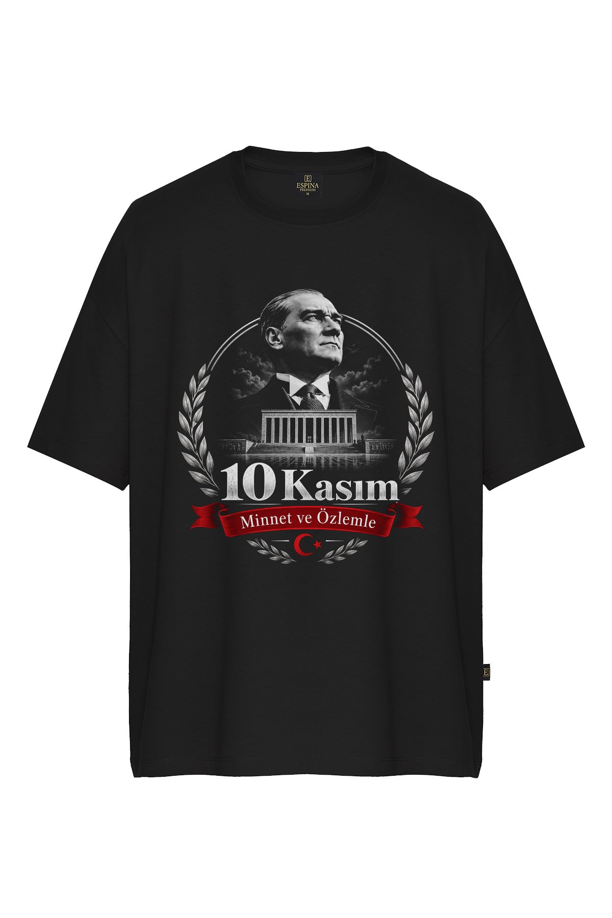10 Kasım Atatürk Baskılı Siyah Oversize Tişört – Minnet ve Özlemle, %100 Pamuk