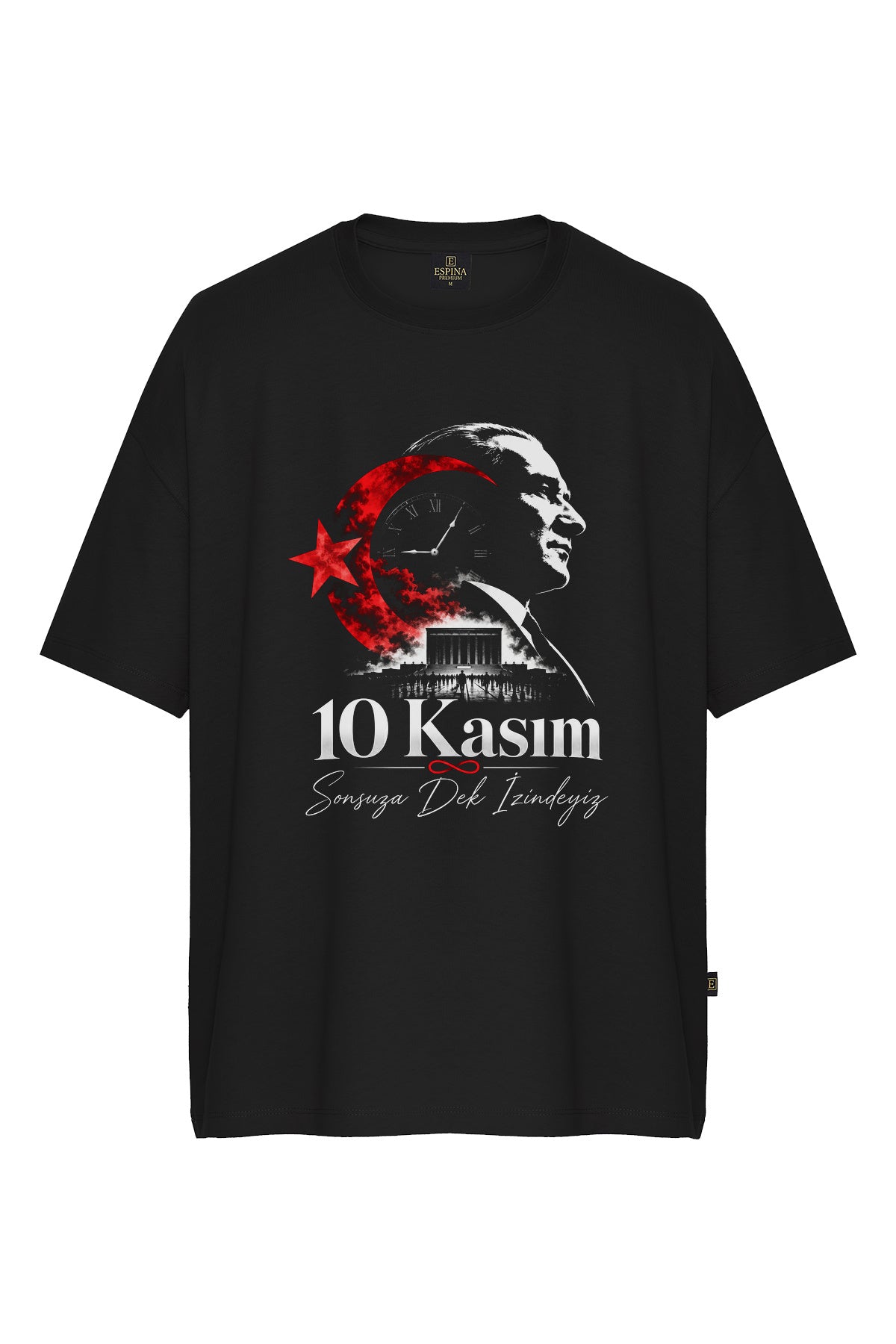 10 Kasım Atatürk Baskılı Siyah Oversize Tişört – Sonsuza Dek İzindeyiz, %100 Pamuk