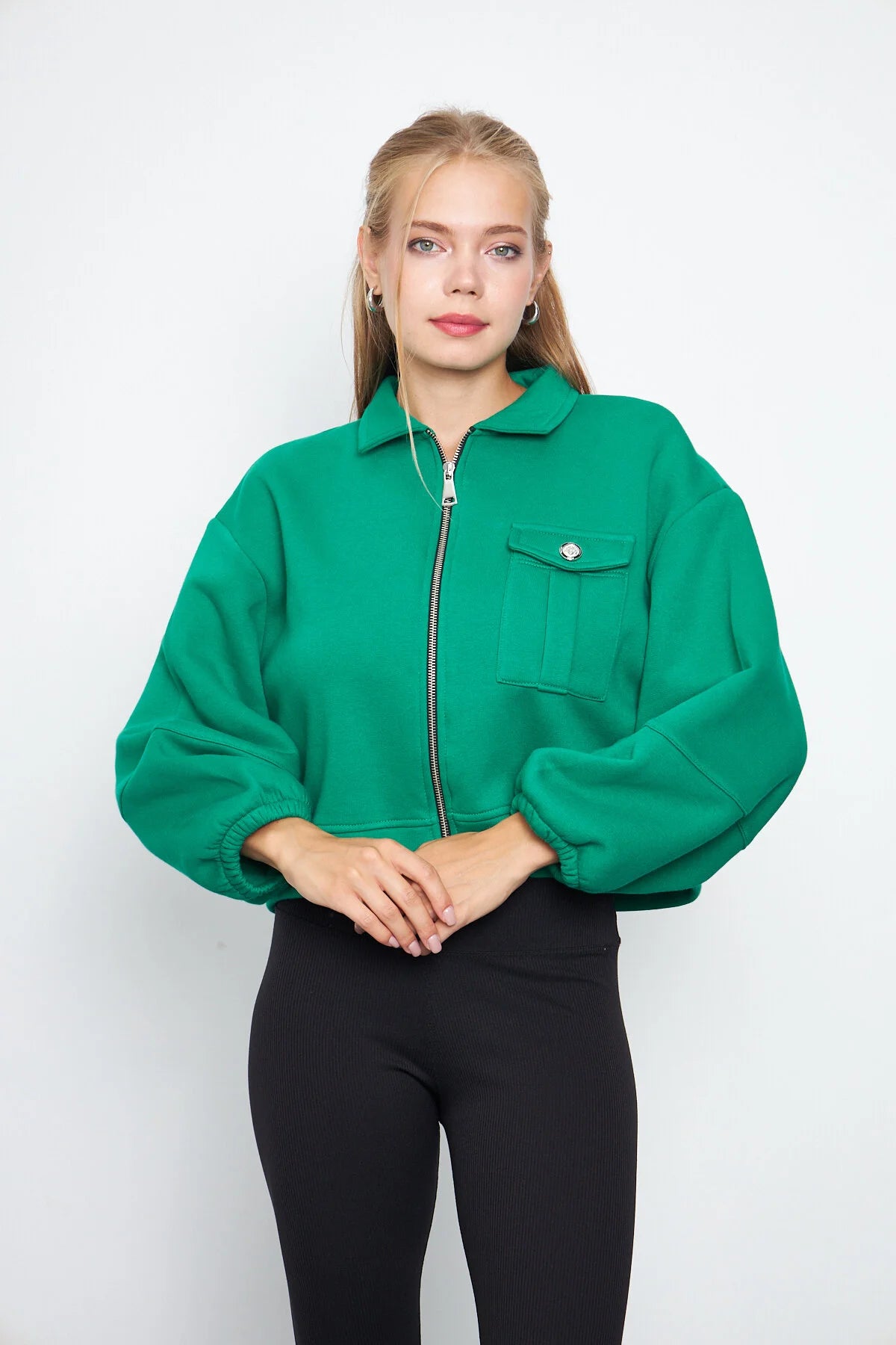 Balon Kol Cepli Fermuarlı Gömlek Yaka Ceket 00185