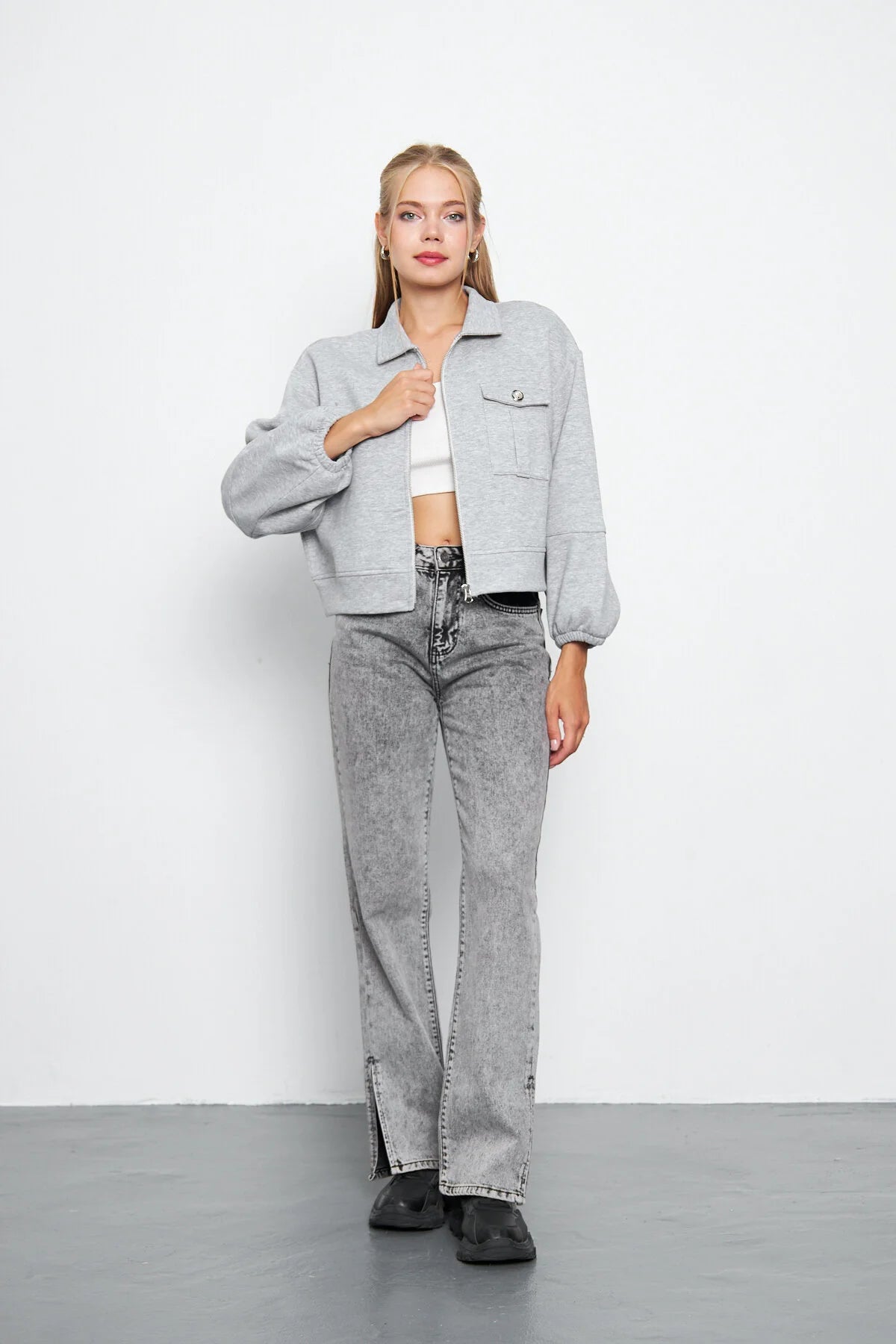 Balon Kol Cepli Fermuarlı Gömlek Yaka Ceket 00185