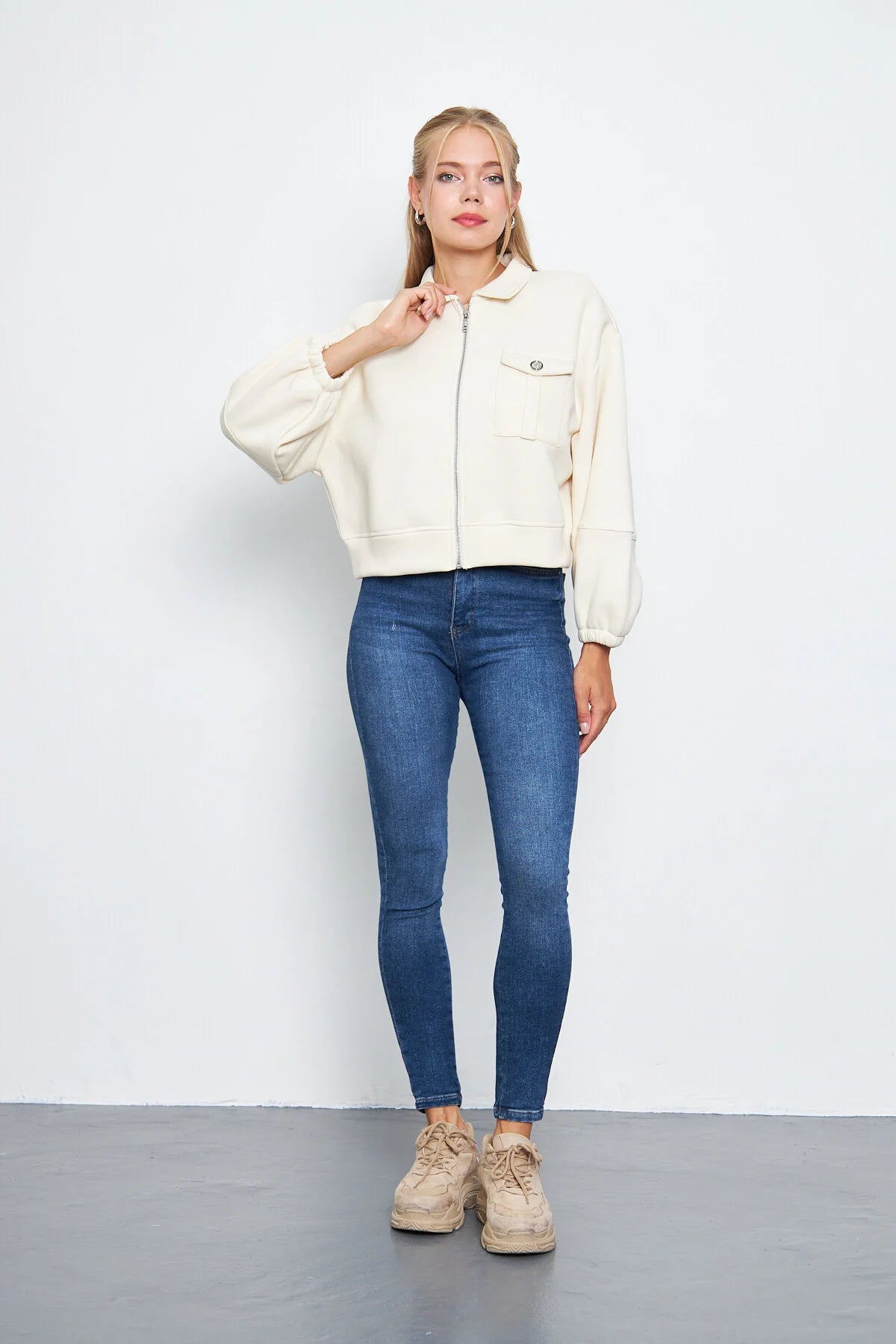 Balon Kol Cepli Fermuarlı Gömlek Yaka Ceket 00185