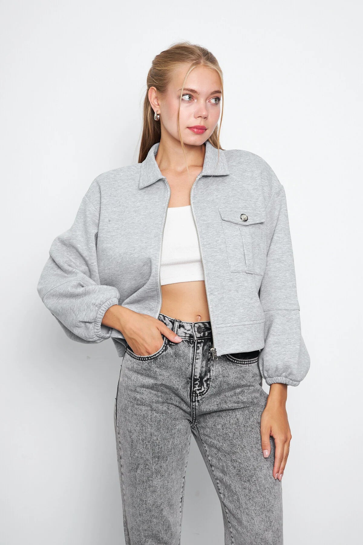 Balon Kol Cepli Fermuarlı Gömlek Yaka Ceket 00185
