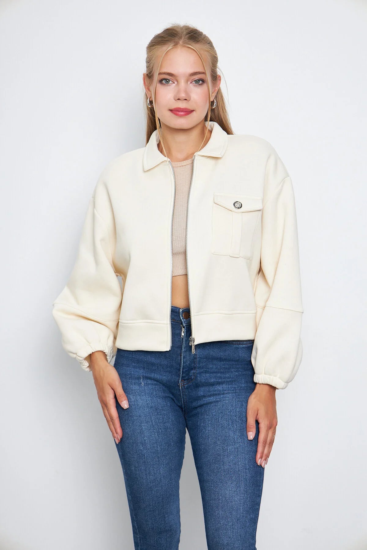 Balon Kol Cepli Fermuarlı Gömlek Yaka Ceket 00185