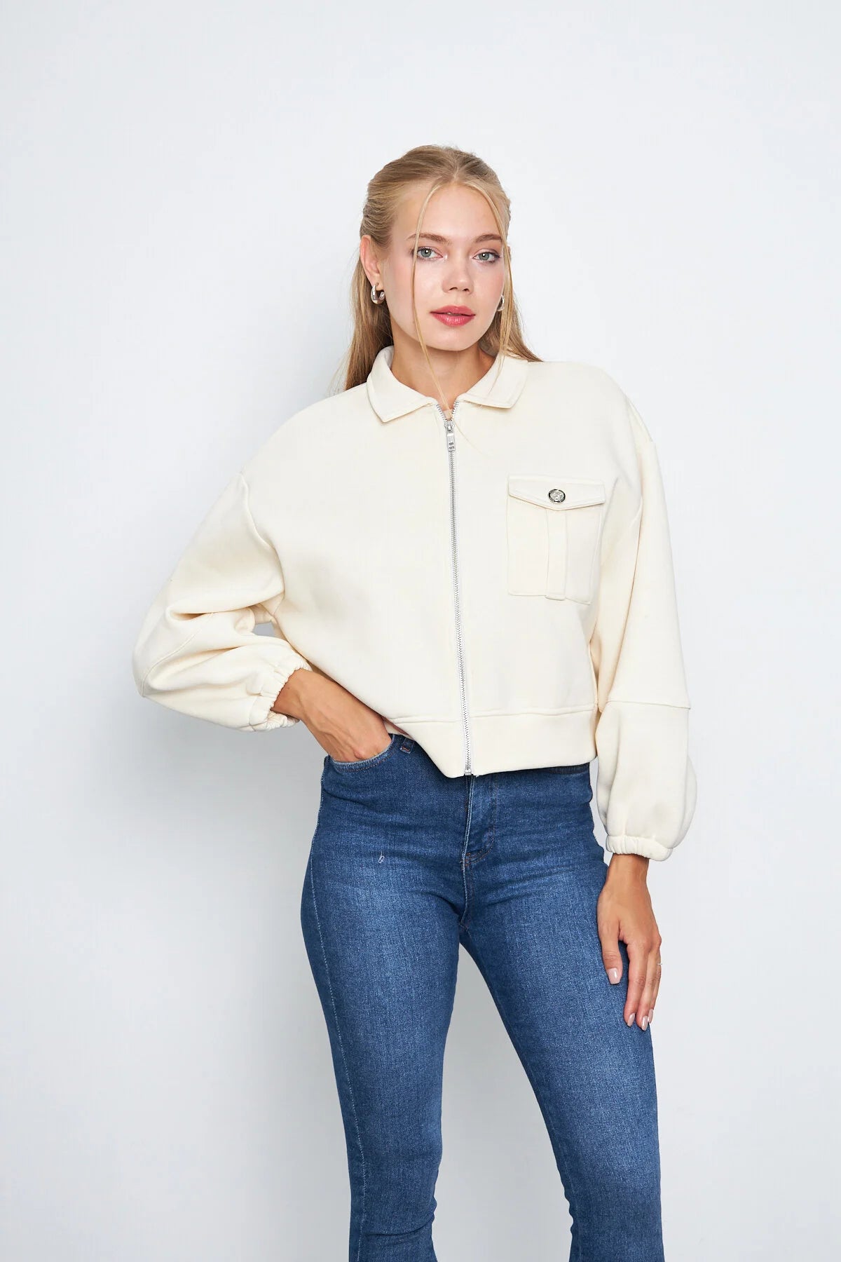 Balon Kol Cepli Fermuarlı Gömlek Yaka Ceket 00185