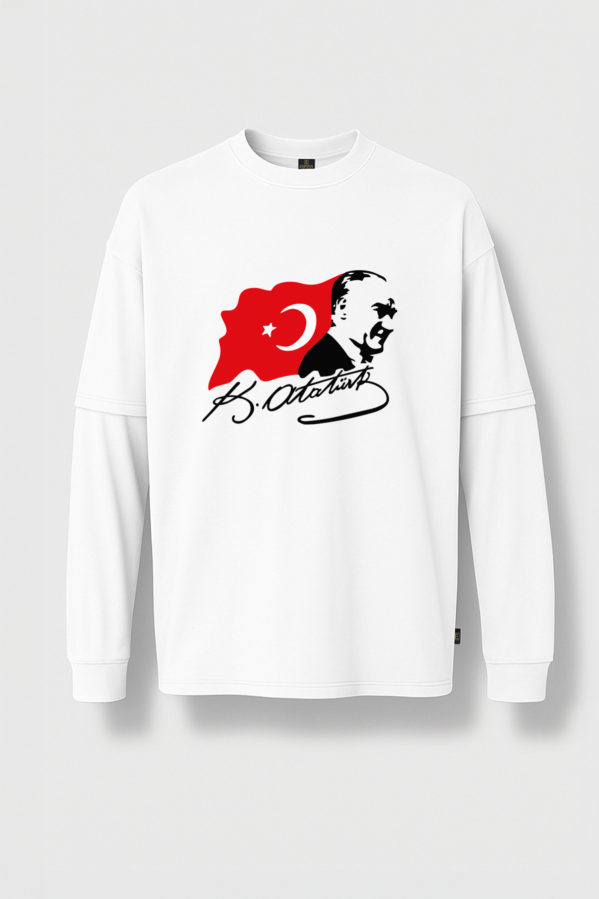 Atatürk Türk Bayrağı ve İmza Baskılı %100 Pamuk Çift Kollu Unisex Tişört – Beyaz