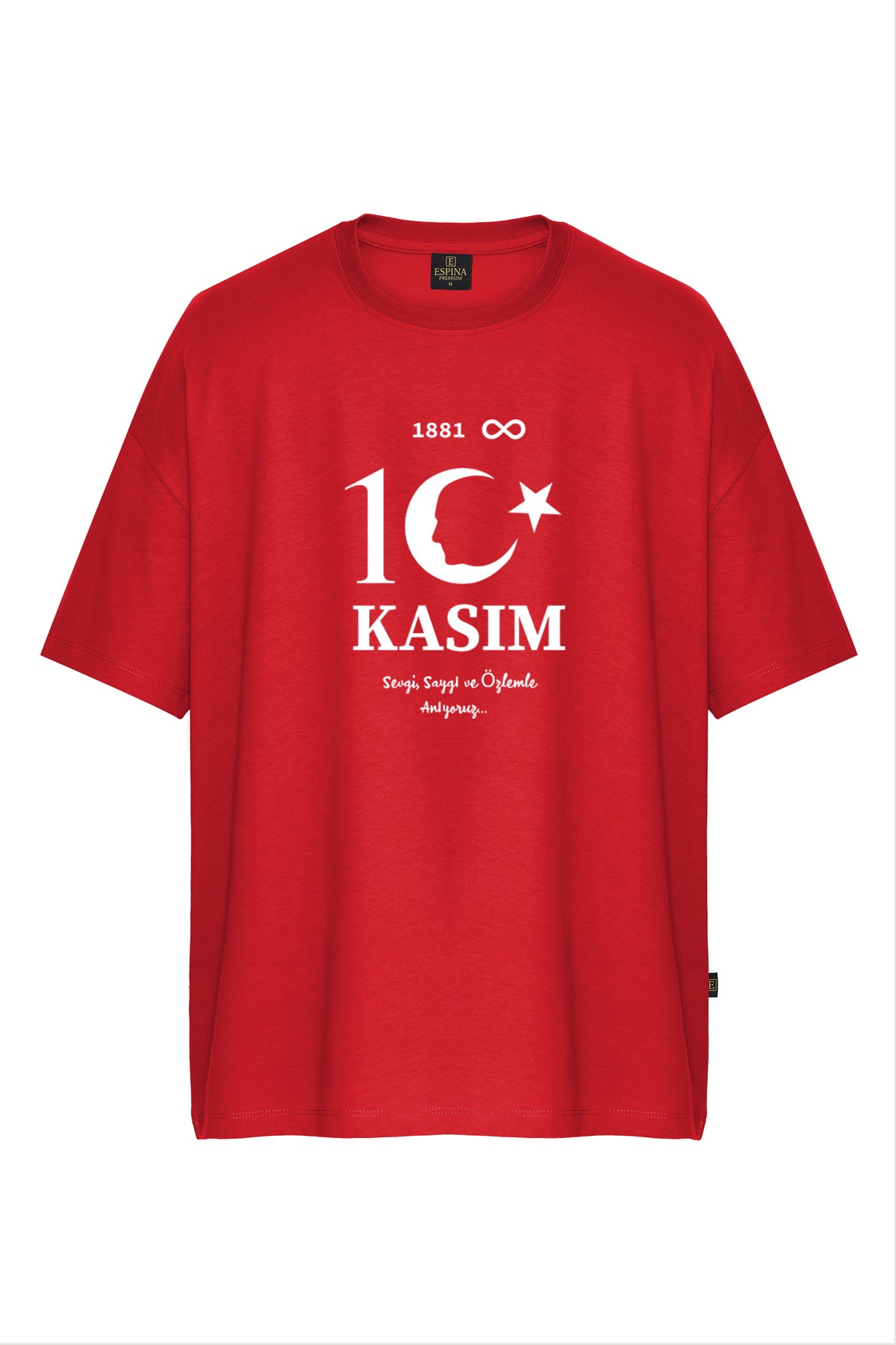 10 Kasım Atatürk Baskılı Kırmızı Oversize %100 Pamuk Unisex Tişört