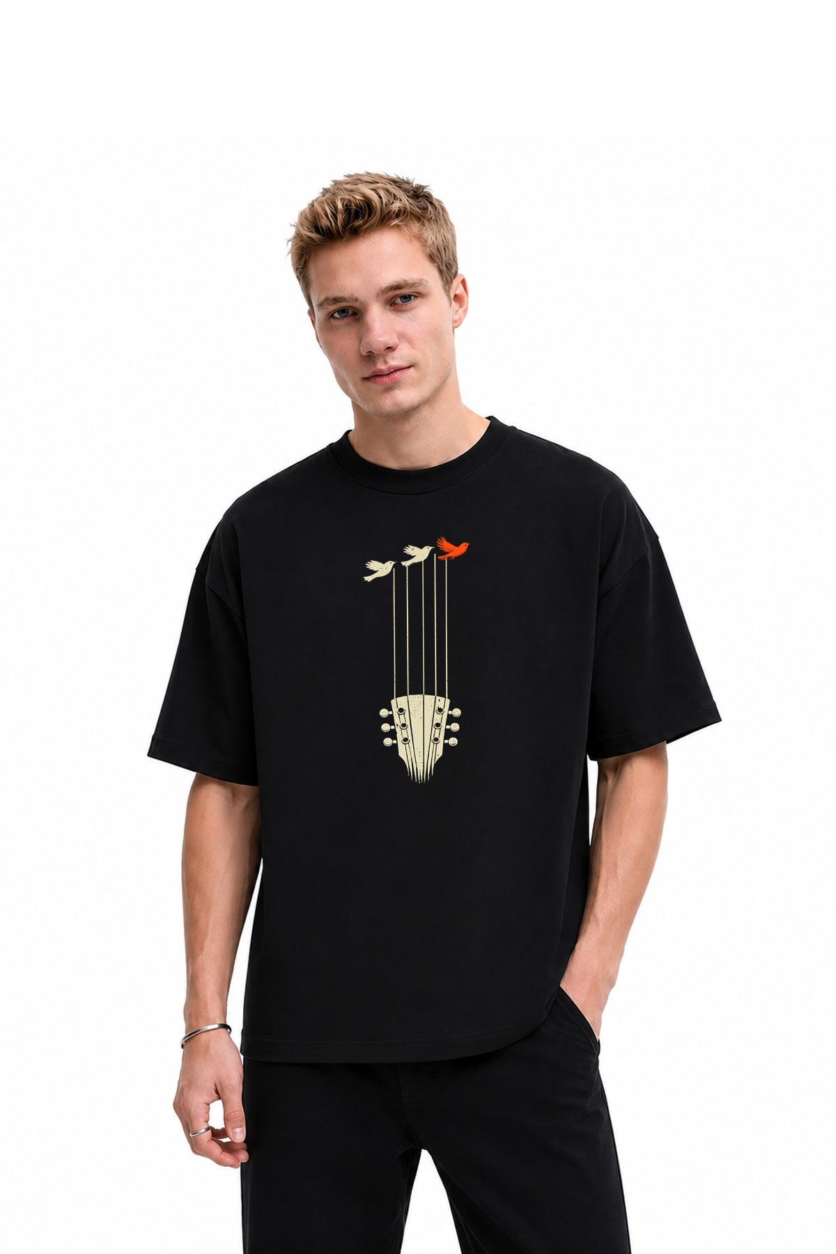 Unisex Gitar Baskılı Oversize Tişört
