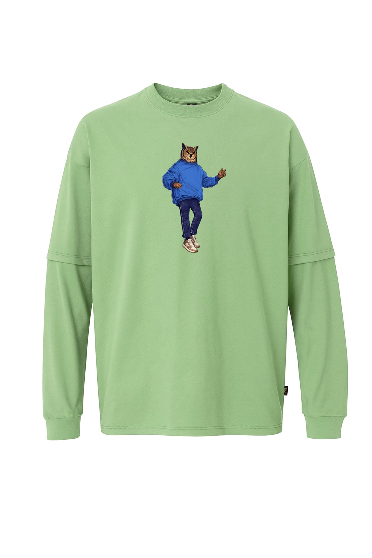 Baykuş İnsan Baskılı Çift Kollu Oversize Tişört