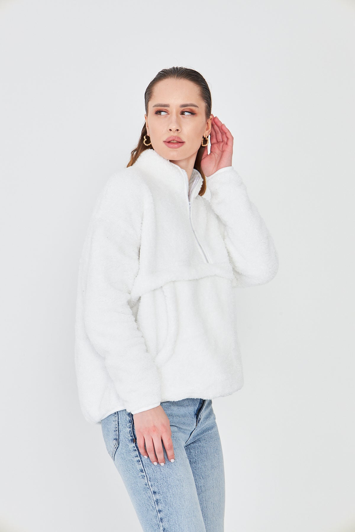 Kadın Peluş Fermuarlı Sweatshirt