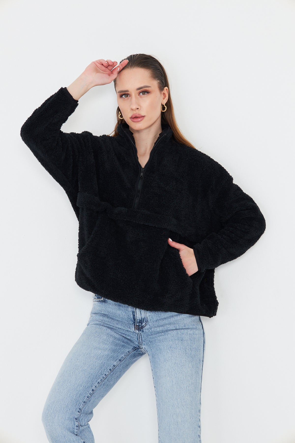 Kadın Peluş Fermuarlı Sweatshirt