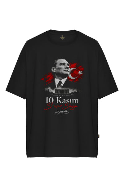 10 Kasım Atatürk Baskılı Siyah Oversize Tişört – Sonsuz Saygı, %100 Pamuk