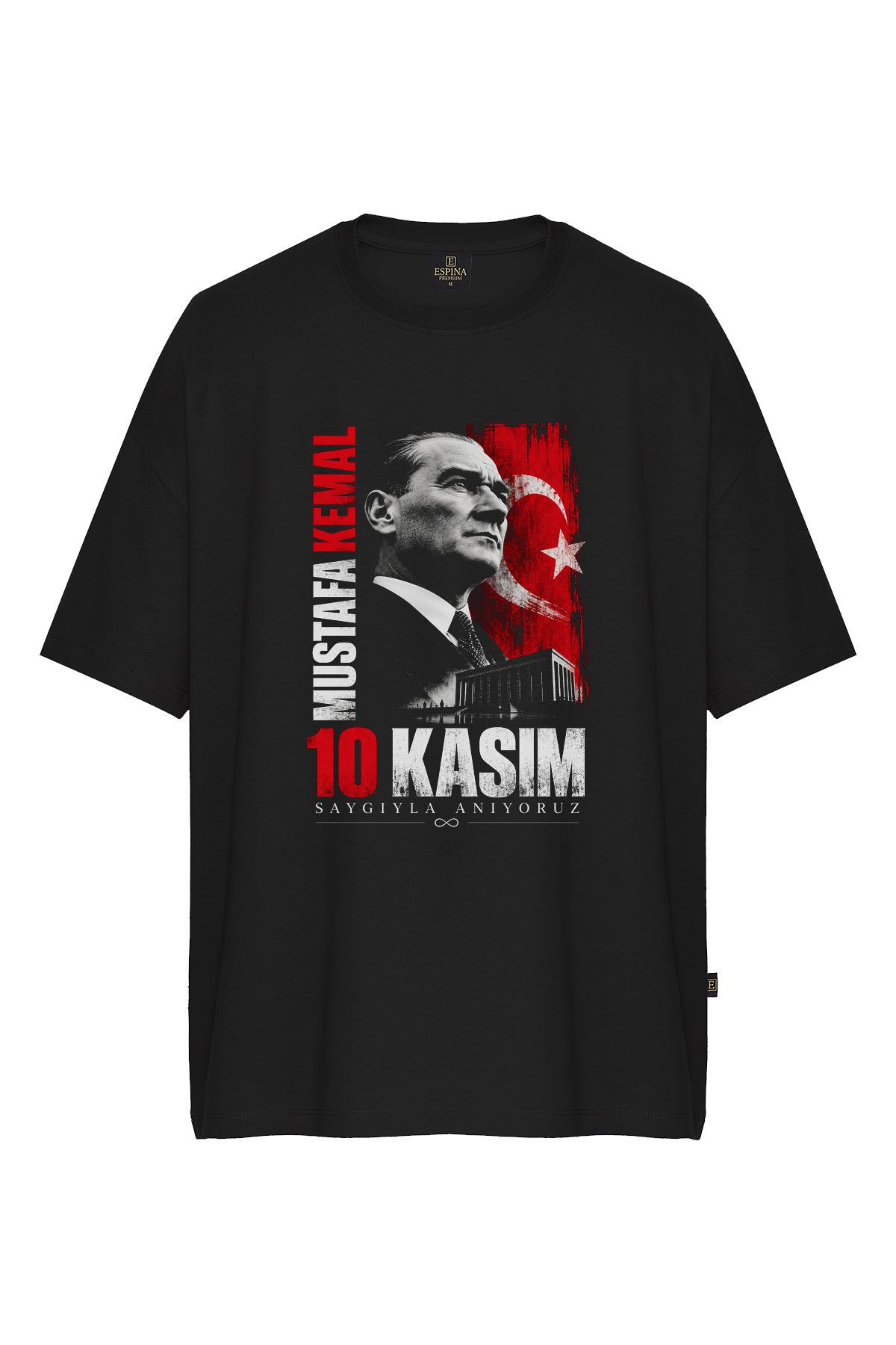 10 Kasım Mustafa Kemal Atatürk Baskılı Siyah Oversize Tişört – Saygıyla Anıyoruz, %100 Pamuk