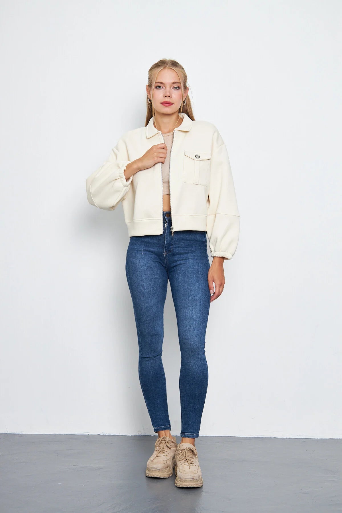 Balon Kol Cepli Fermuarlı Gömlek Yaka Ceket 00185