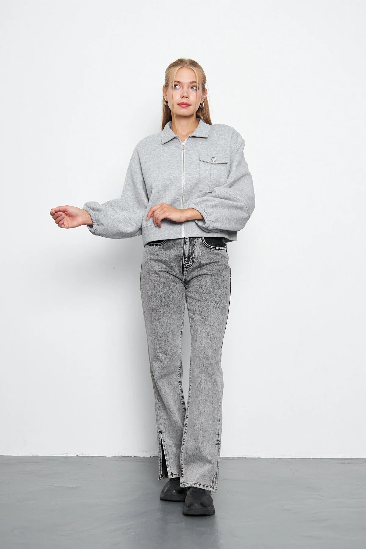 Balon Kol Cepli Fermuarlı Gömlek Yaka Ceket 00185