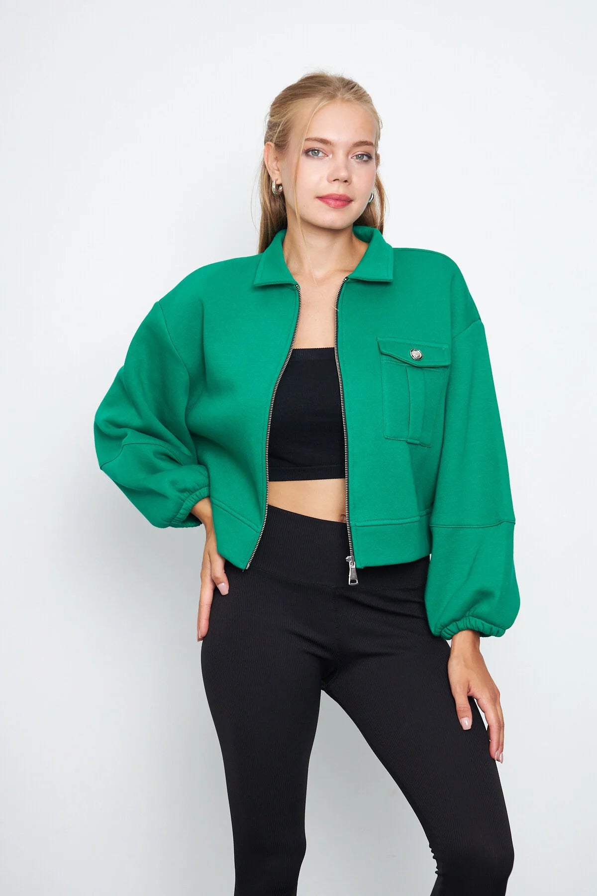 Balon Kol Cepli Fermuarlı Gömlek Yaka Ceket 00185