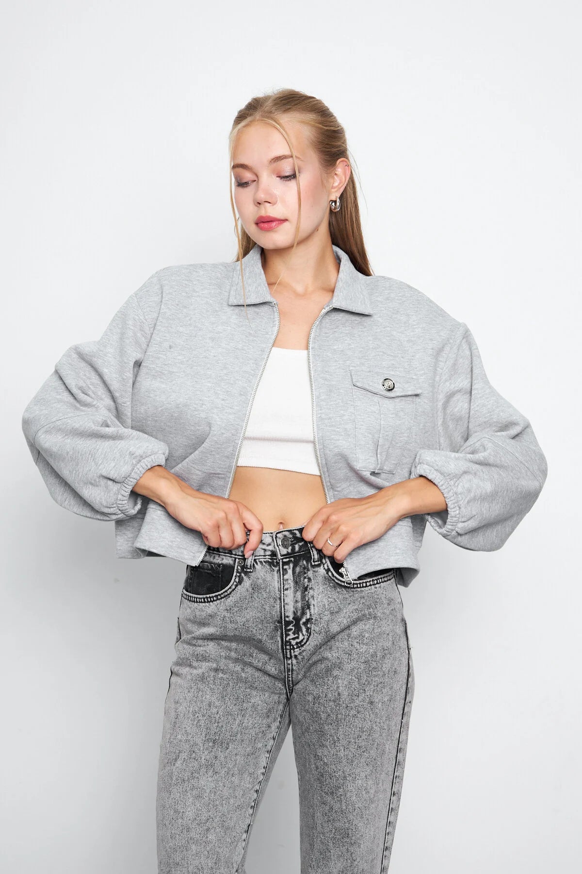 Balon Kol Cepli Fermuarlı Gömlek Yaka Ceket 00185