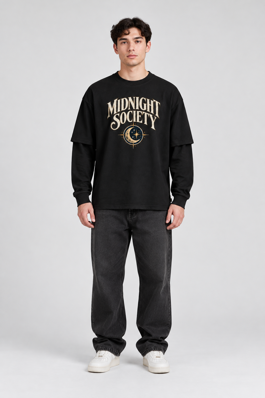 Midnight Society Ay Baskılı %100 Pamuk Çift Kollu Oversize Tişört