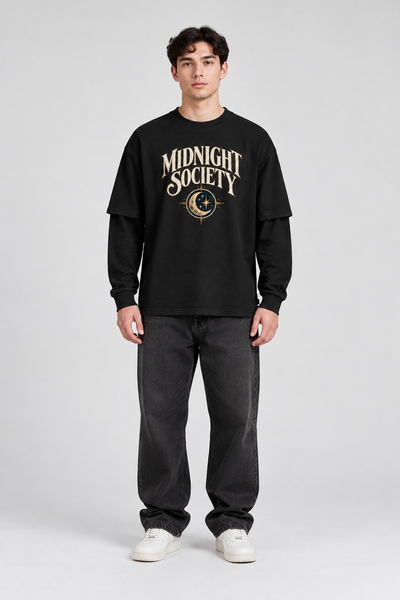 Midnight Society Ay Baskılı %100 Pamuk Çift Kollu Oversize Tişört