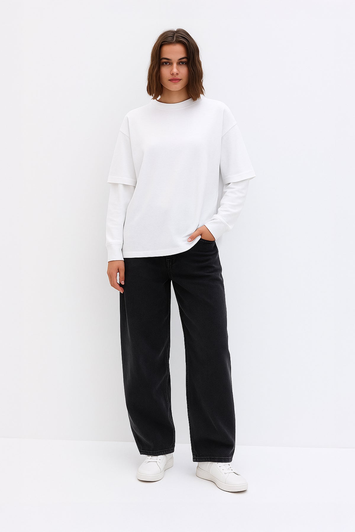 Çift Kollu Basic Oversize Tişört Beyaz