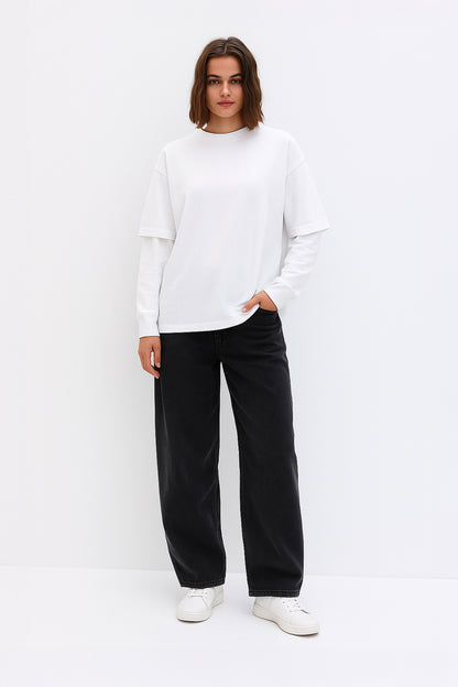 Çift Kollu Basic Oversize Tişört Beyaz