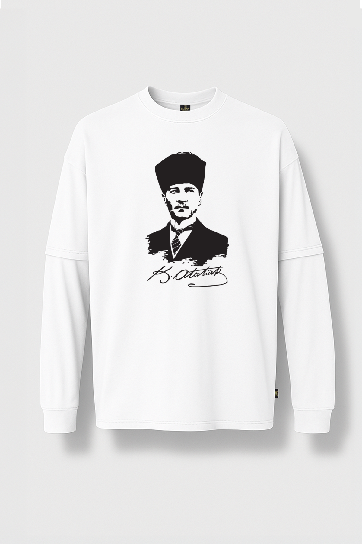 Atatürk Portre ve İmza Baskılı %100 Pamuk Çift Kollu Unisex Tişört – Beyaz