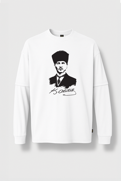 Atatürk Portre ve İmza Baskılı %100 Pamuk Çift Kollu Unisex Tişört – Beyaz