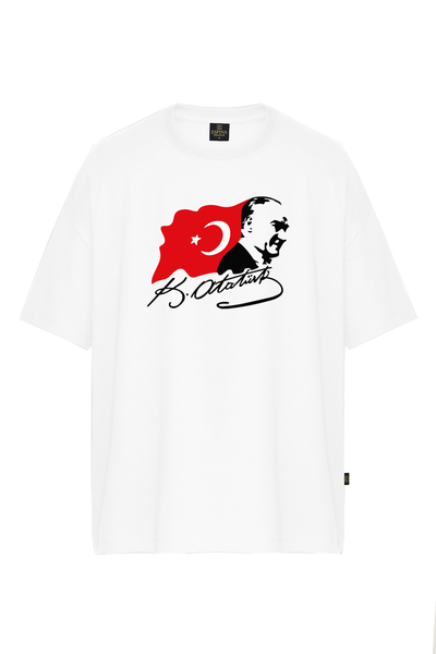 Atatürk Türk Bayrağı Baskılı %100 Pamuk Beyaz Unisex Tişört