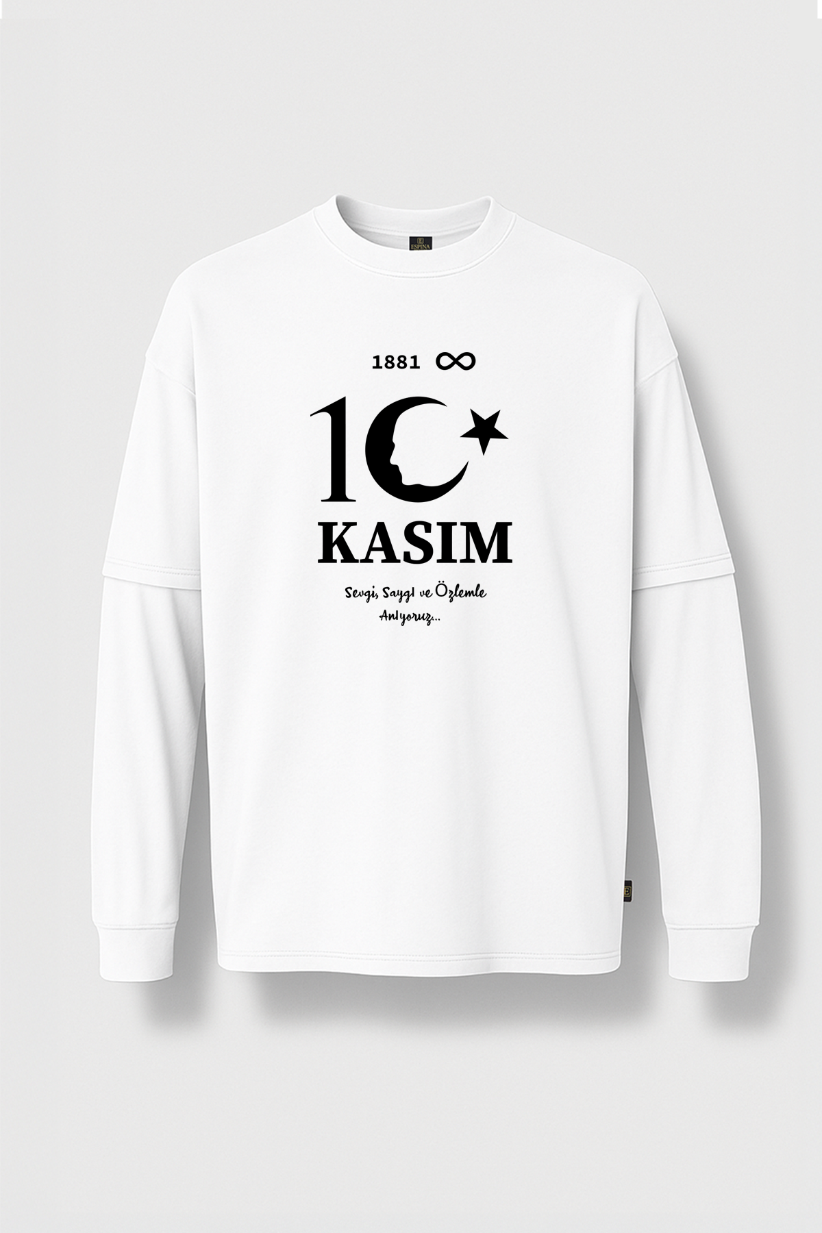 10 Kasım Atatürk'ü Anma Baskılı %100 Pamuk Çift Kollu Unisex Tişört – Beyaz