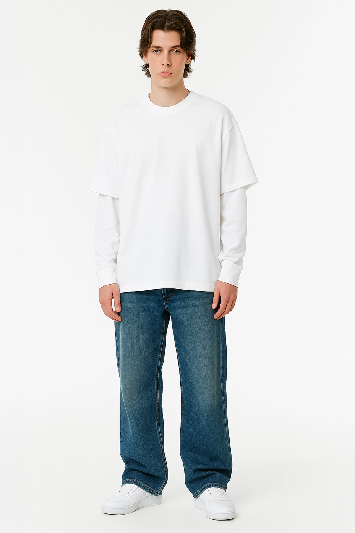 Çift Kollu Basic Oversize Tişört Beyaz