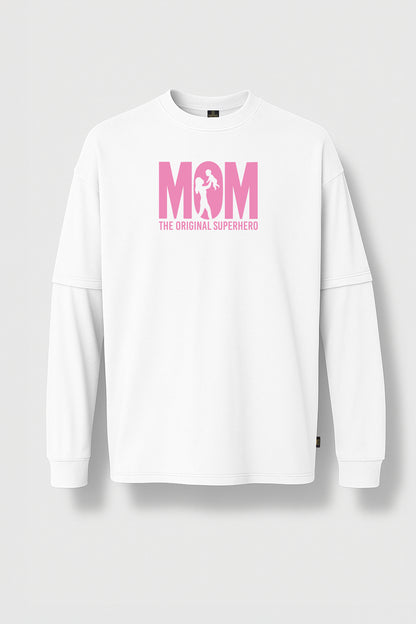 Uzun Kollu Mom Super Hero Baskılı Oversize Tişört