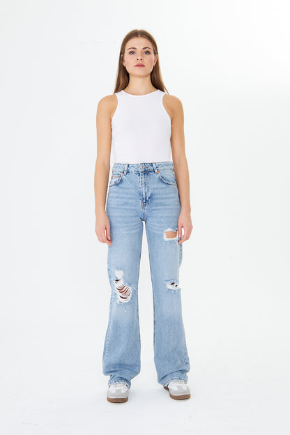 Yüksek Bel Yırtık Wide Leg Jean 00040