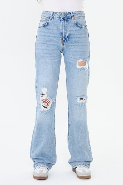 Yüksek Bel Yırtık Wide Leg Jean 00040