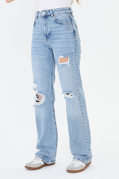 Yüksek Bel Yırtık Wide Leg Jean 00040