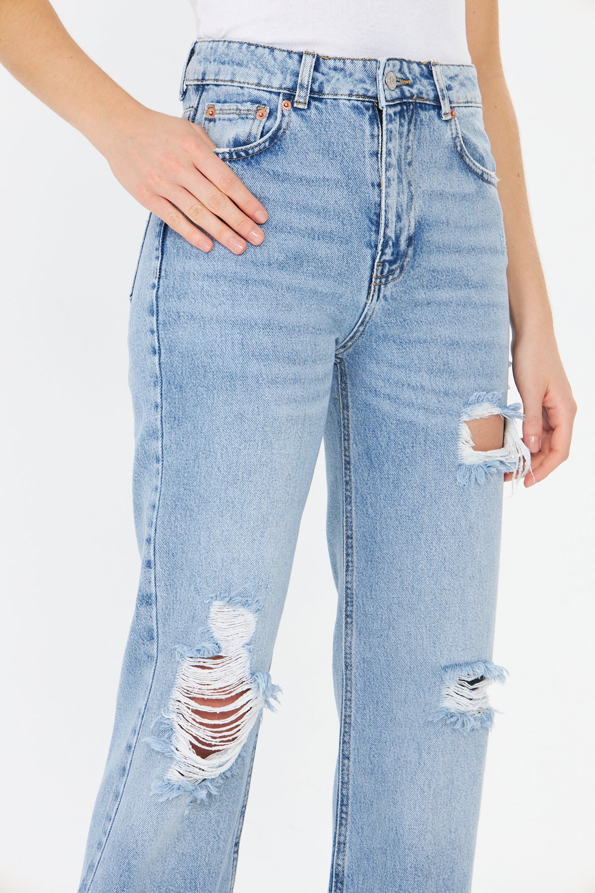 Yüksek Bel Yırtık Wide Leg Jean 00040