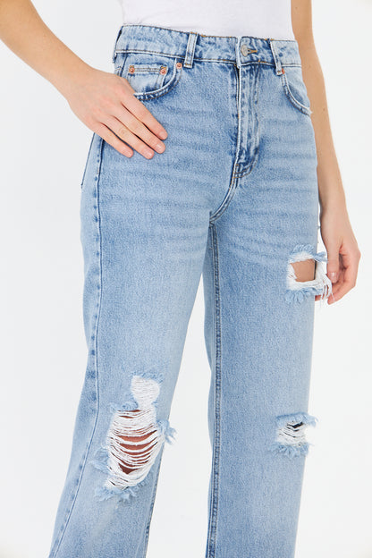Yüksek Bel Yırtık Wide Leg Jean 00040