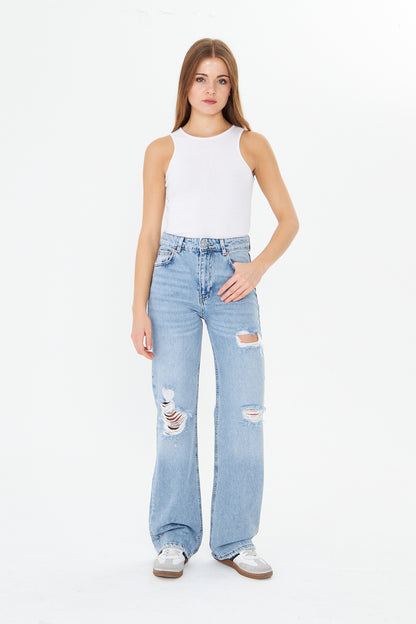 Yüksek Bel Yırtık Wide Leg Jean 00040