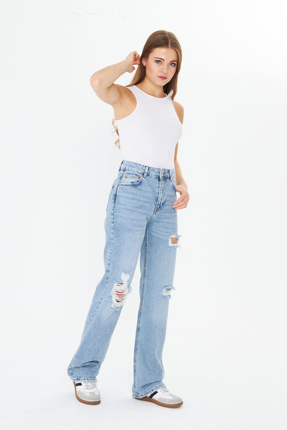 Yüksek Bel Yırtık Wide Leg Jean 00040