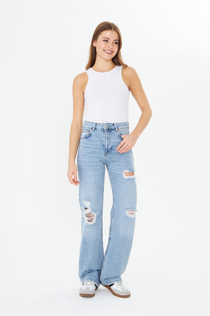 Yüksek Bel Yırtık Wide Leg Jean 00040