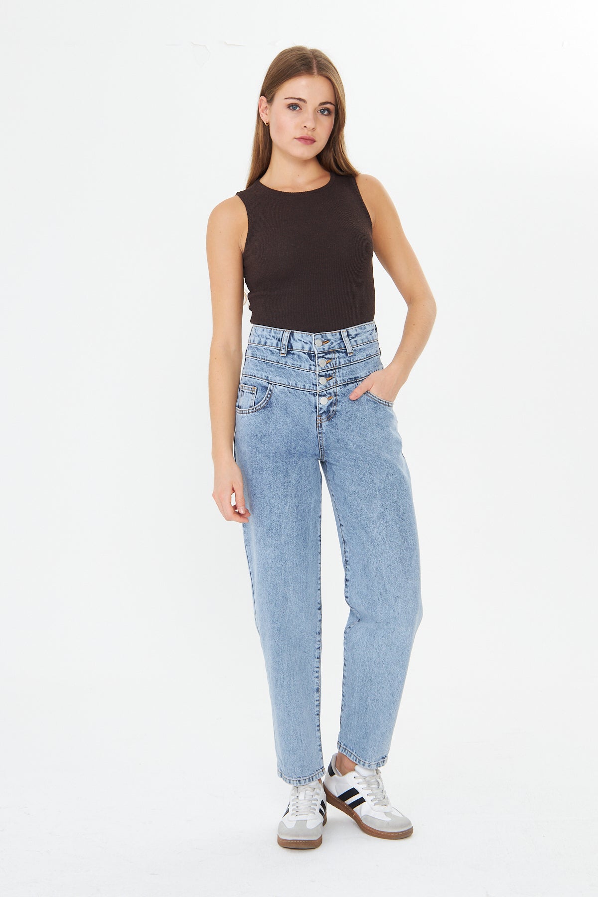 Yüksek Bel Düğmeli Mom Jean 00036