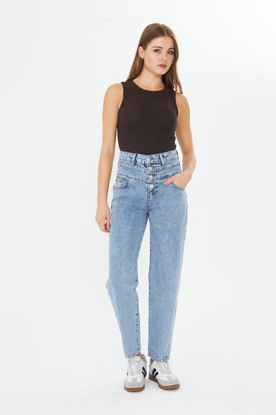 Yüksək Bel Düyməli Ana Jeans 00036