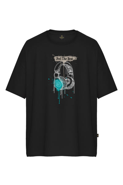 Erkek Feel The Beat Kulaklık Baskılı Oversize Kısa Kollu Tişört