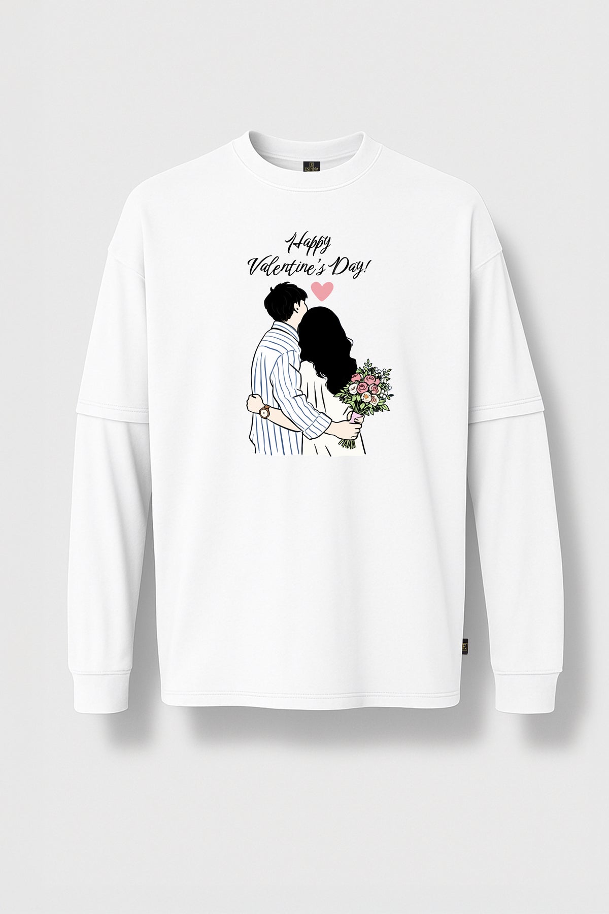 Happy Valentine’s Day Çiçekli Sarılma Çift Kollu Tişört