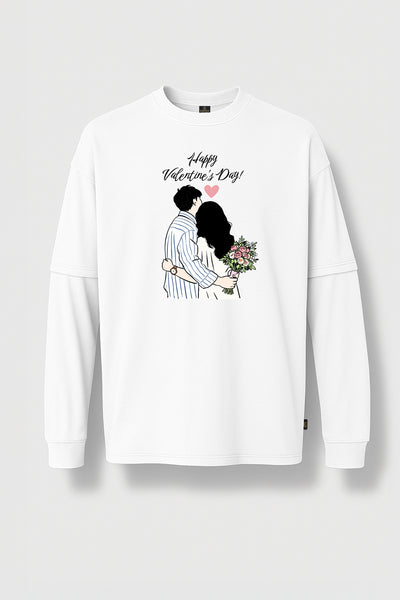 Happy Valentine's Day Floral Hug Double Sleeve T-Shirt