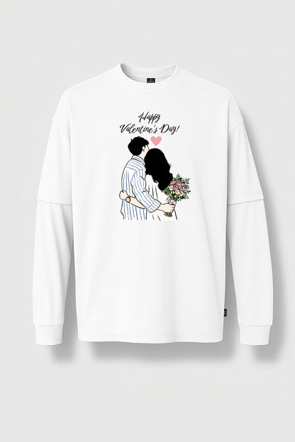 Happy Valentine’s Day Çiçekli Sarılma Çift Kollu Tişört