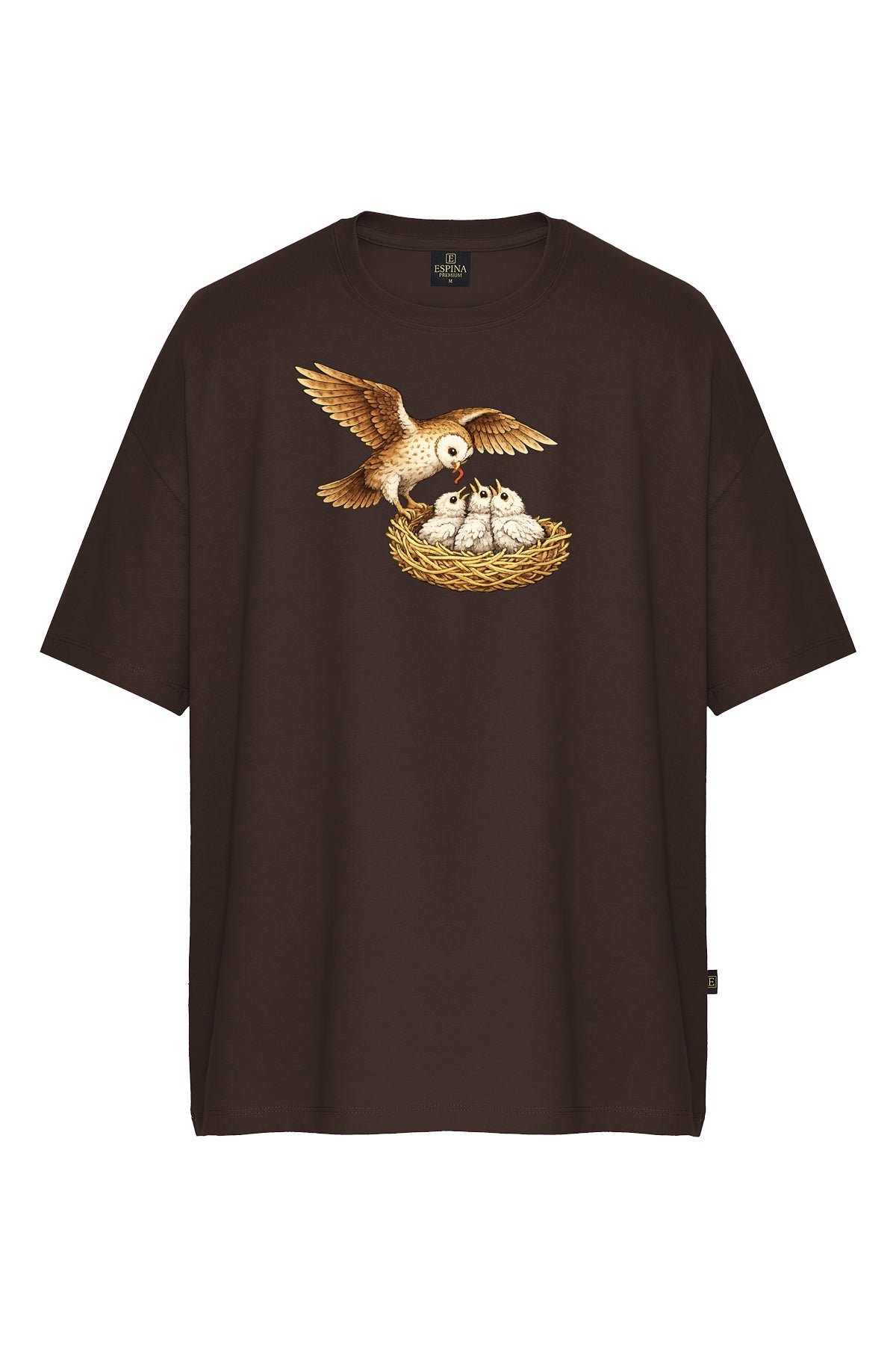 Erkek Kahverengi Baykuş ve Yavruları Baskılı Oversize Kısa Kollu Tişört