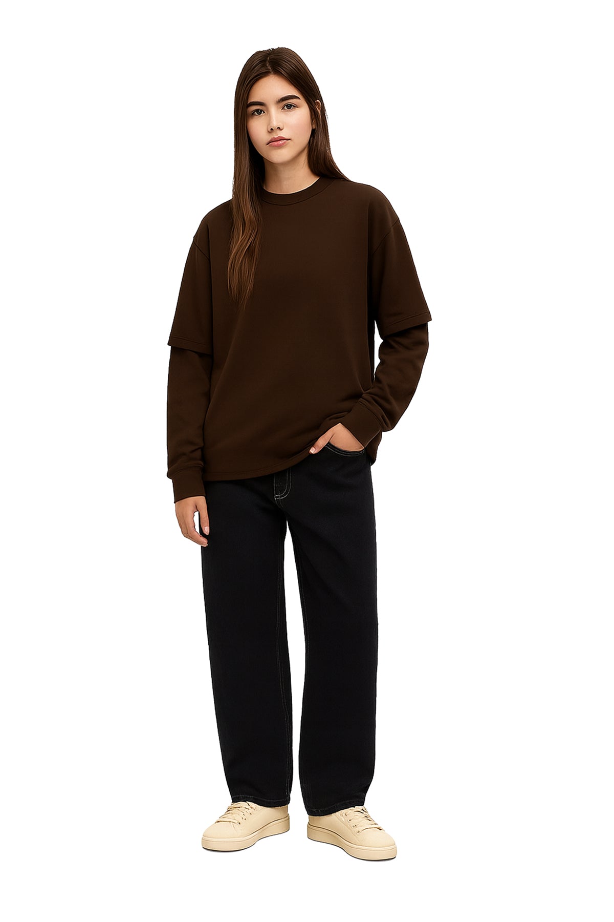 Çift Kollu Basic Oversize Tişört Kahverengi