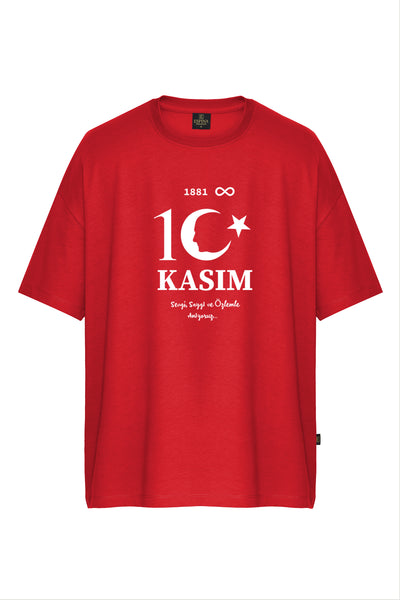 10 Kasım Atatürk Baskılı Kırmızı Oversize %100 Pamuk Unisex Tişört