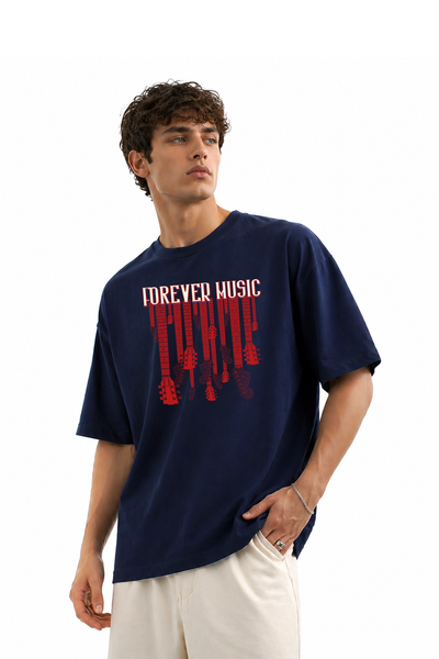 Erkek Forever Music Gitar Baskılı Oversize Kısa Kollu Tişört