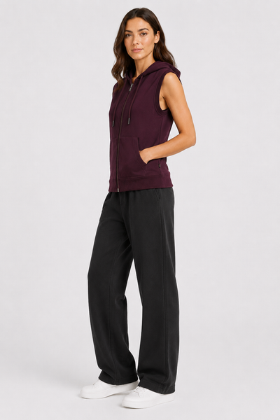 Kadın Kolsuz Kapüşonlu Fermuarlı Basic Sweat Yelek